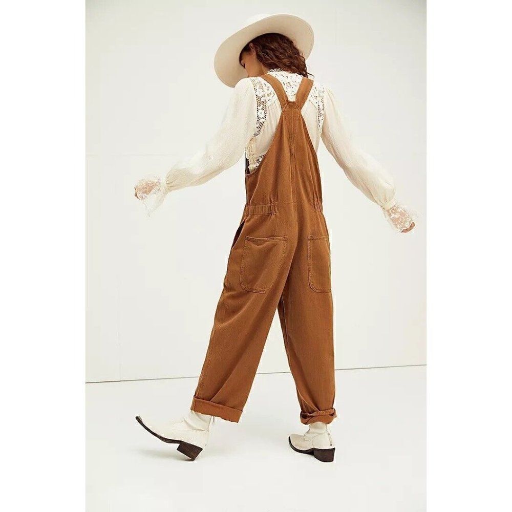 NWT FREE PEOPLE Sz M HUNTER DENIM OVERALLS IN KHAKI OVERDYE - Picture 2 of 4